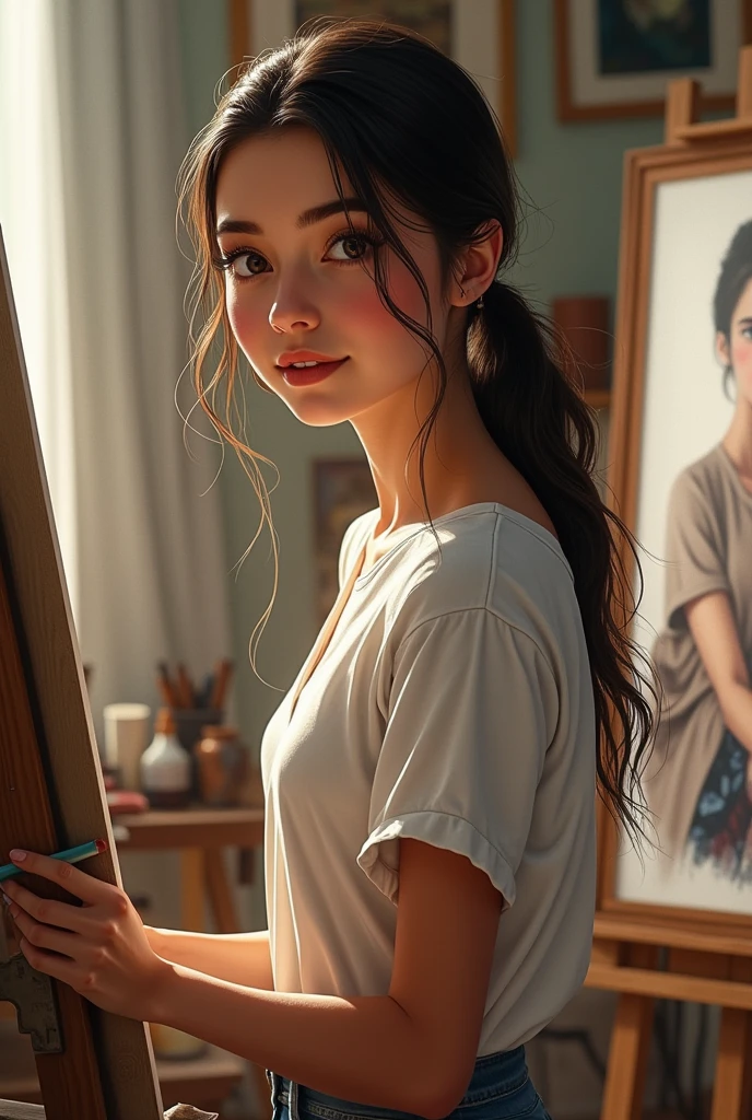 Mia’s artwork transforming from rough sketches to detailed, beautiful paintings over time.**