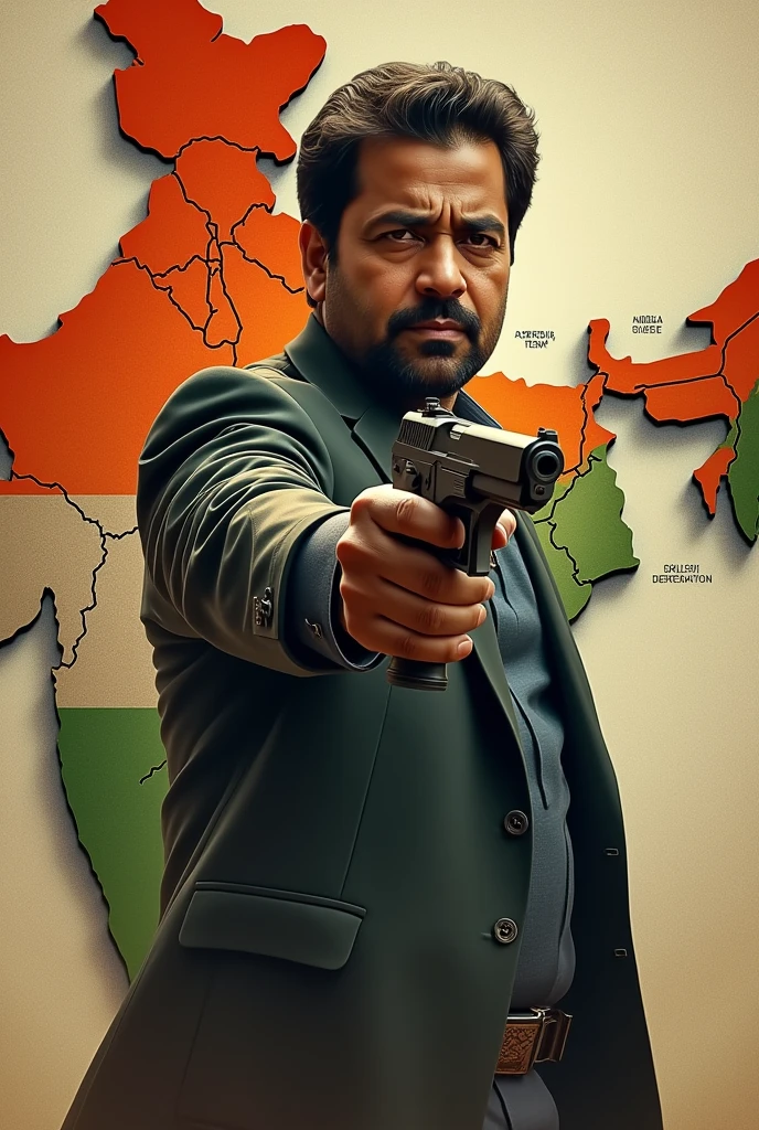 A person holding gun in hand and in background its map of akhand bharat