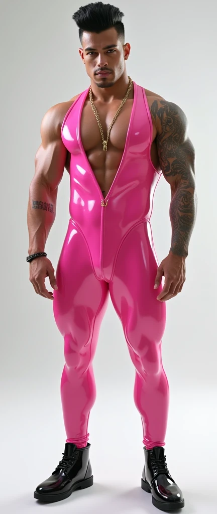 Fullbody standing picture of white Handsome muscular nude horny sexy gay boy wearing skinny tight shiny latex pink bodysuit, shiny black hair Disconnected Pompadour oiled hair style, shiny black varnished shoes, big golden neck chain, red lip, six pack, tattoos, horny, cum shot, sperm, milking penis, very big penis, very big testicle, shiny oiled skin, orgasm, oversexed, masturbation, standing at white show room.