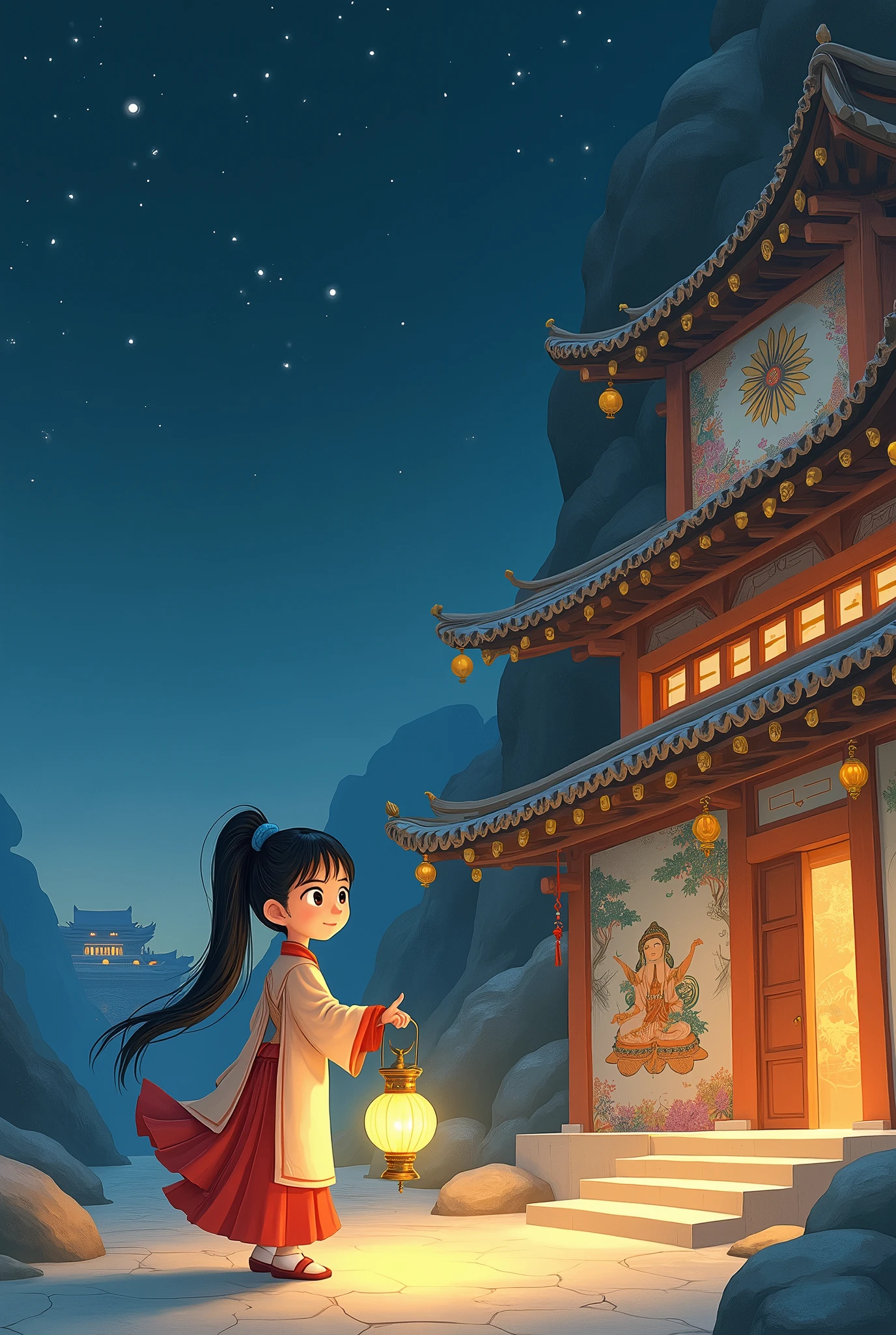Draw a figure wearing traditional Hanfu,Handheld lantern,Standing in front of the murals of Mogao Grottoes in Dunhuang,Profile;Girl on the left side of the picture,Mogao Grottoes is on the right side of the picture;Pay attention to the ratio of the height of the characters and buildings to be realistic;Girl with curious expression,The background is the night starry sky and ancient grottoes;Picture book style;simple style;