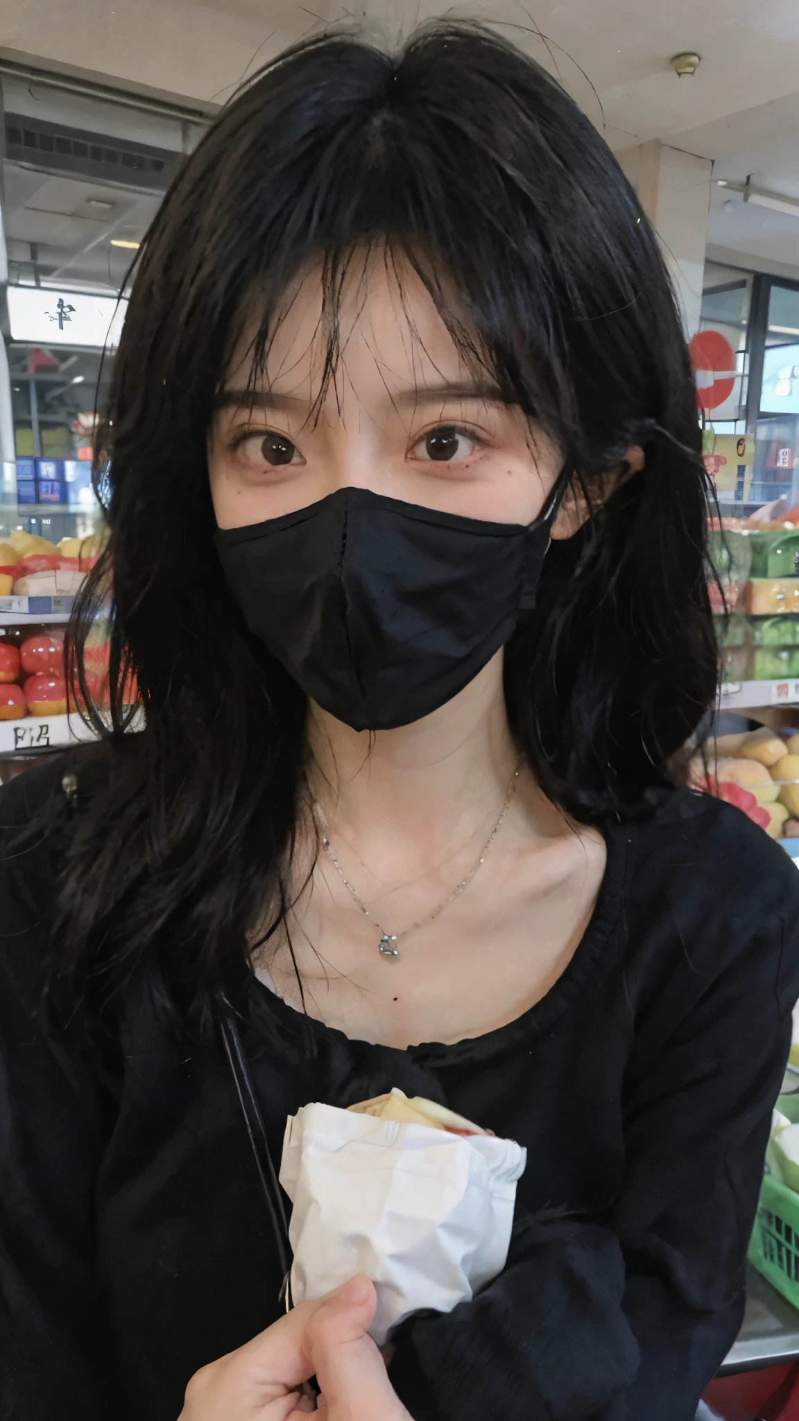 黑色wear mask,Best quality,黑色wear mask,Ultra-high resolution,(Reality:1.4),(黑色wear mask:1.4),Cute hairpins,girll,Cropped black sweater,wear mask,Look directly at the audience,Full of atmosphere,Beautiful woman with a slim figure:1.4,黑色wear mask,supermarket,whole body,Super delicate face,Exquisite eyes,Double eyelids,necklace,黑色wear mask,