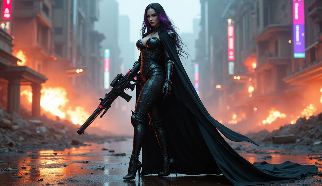 full body pose wearing a mechanical suit, massive bimbo silicone breast, bimbo breast, Mechanical wonder, Cyberpunk, Cybernetic Guardian, futuristic sexy revealing black armor, full body, front pose, symmetry, intricate (steel metal [rust]), joints, warframe style, cyborg, fit muscular female body and armor, Beautiful body, covered in blood, carrie movie scene covered in blood, bloody face, oiled body, wet body, wet skin, Massive silicone breast, pale skin, seductive, temptation, eat your soul, clevage, long flowing black hair with purple highlights, heavy gothic makeup, at night, neon, holding a futuristic black and red laser rifle, sith queen, warrior queen, black latex cloak, stiletto heels, full body pose, wartorn ruins in the background, explosions and fire, most beautiful intricate detailed armor high heel stilletto boots