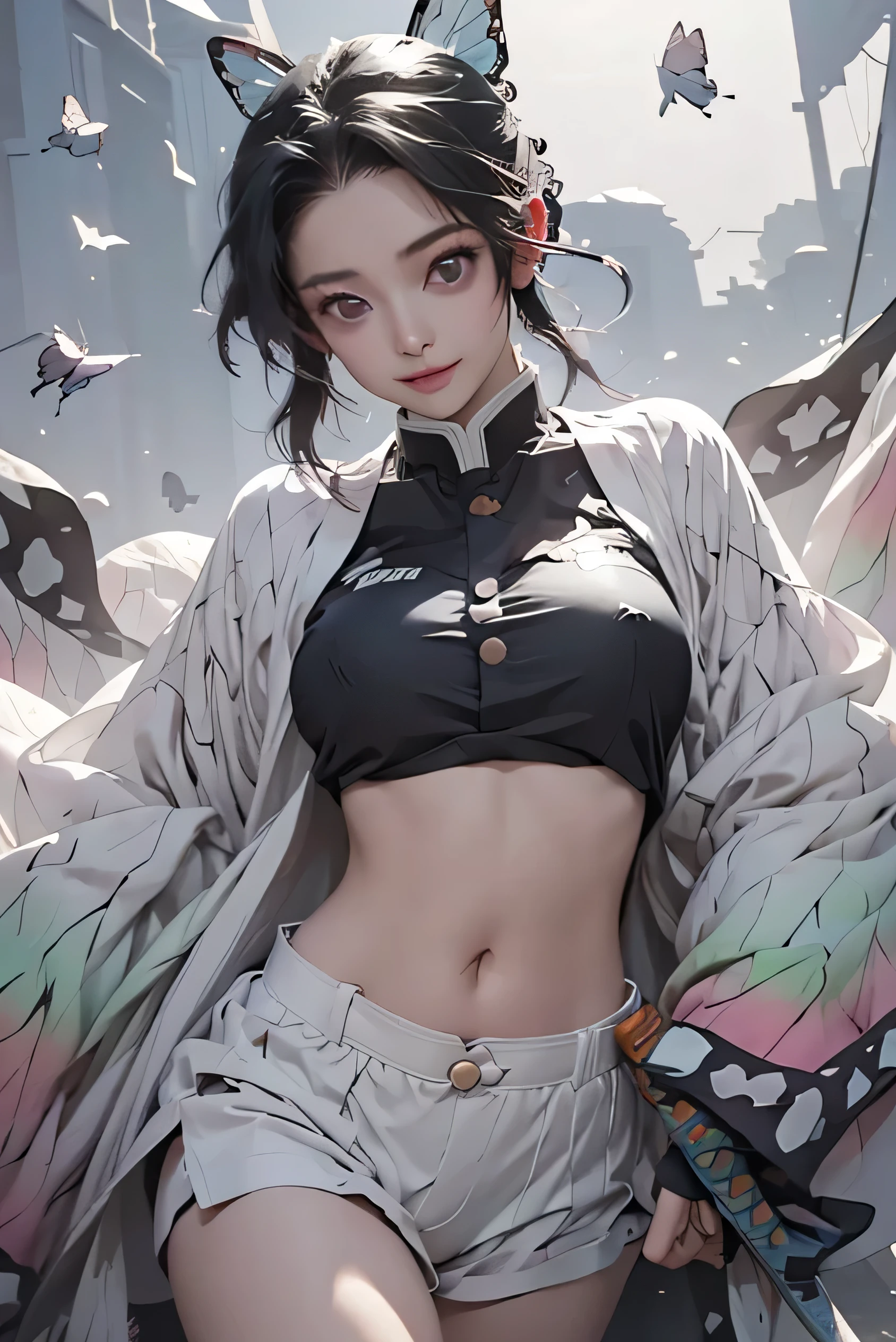 absurdres, (masterpiece, best quality), (ultra-detailed), extremely detailed,super high resolution, (Top Quality photorealistic Illustration), (Super Definition), (best quality,masterpiece:1.0),(cute illustration:1.3), (high Saturation:1.2), highres, ultra-detailed, 32k,8k resolution, intricate details, cinematic scene, detailed background, detailed background, BREAK (show off nipples:1.6),detailed beautiful face and eyes, very detailed background, (an extremely delicate and beautiful), (nice hands, perfect hands), (appropriate posture), (appropriate configuration), ideal ratio body proportions, BREAK (show off nipples:1.6),(dynamic angle:1.6), (close to viewer:1.6), depth background, (crassroom:1.6), rim light, sunlight, beautiful lighting, strong light, widely, ((1girl, solo), kochou shinobu, haori ,demon slayer ,butterfly hair ornament, (standing:1.3),(round face:1.6), (baby face:1.6), (kawaii:1.6), (cute face:1.6), ( face:1.6), butterfly, butterfly hair ornament, (purple eyes:1.1), BREAK , demon slayer uniform, (white fundoshi:1.8), BREAK very cute and beautiful girl,(highly detailed beautiful face), (full-face blush), (shy),open mouth, BREAK(show off nipples:1.6), (exposing bare breasts:1.3), (exposed chest:1.3), (no bra:1.3), (open emon slayer uniform:1.6), (exact number of nipples:1.6), nsfw, BREAK (belly button:1.2), small nipples, small areolas, butterflies, (slim body:1.6), (narrow waist:1.8), narrow thighs, (narrow stomach:1.8),