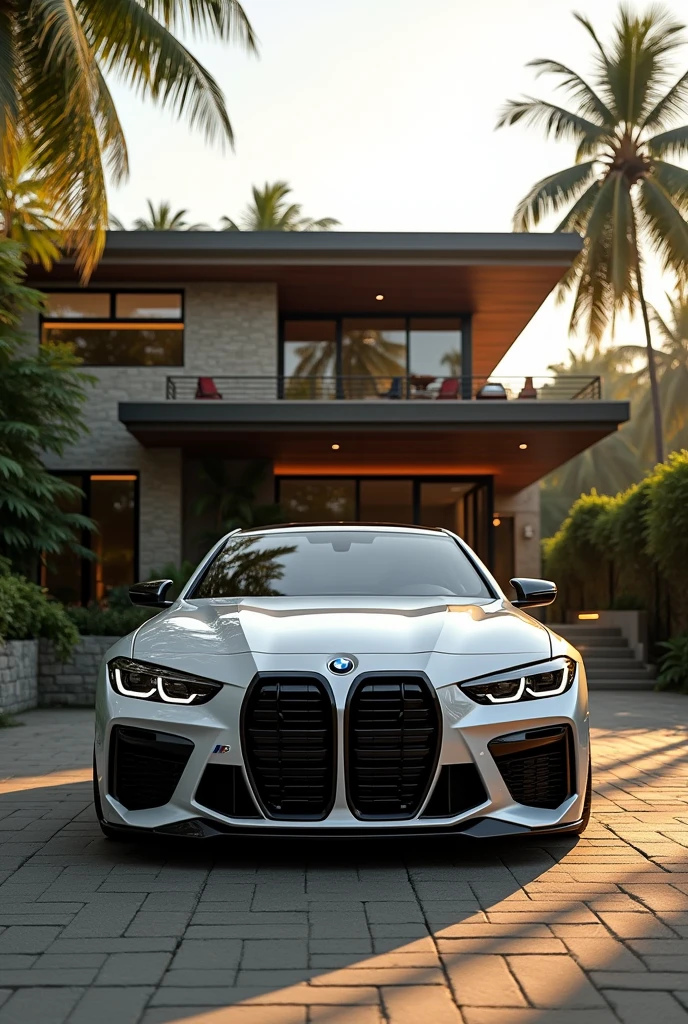 A bmw m f90 infront of retro modern mansion in kerela