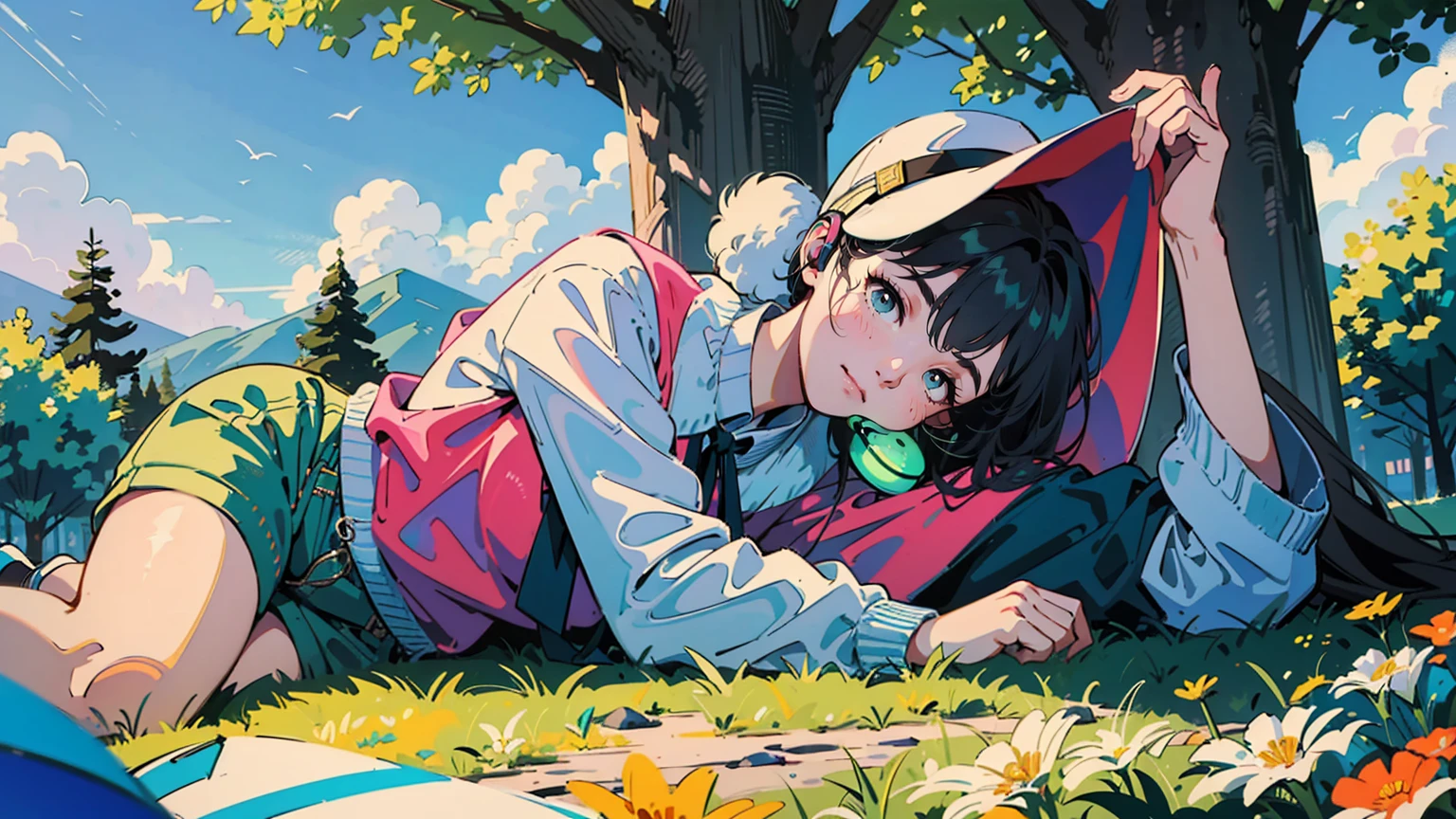 masterpiece,best quality,very detailed,absolute resolution,high resolution,Young Asian woman in a vibrant park landscape. Wearing a white hat, Navy blue sweatshirt with museum text in bright pink. White headphones on neck. casual pose, A slightly smiling and tilting her head. background: Blue lawn contrasting with dark blue man-to-man. Trees in various shades of green. People in colorful clothes are relaxing on the lawn.. Bright sunshine in a clear blue sky. Yellow flowers scattered across the foreground. White 'Chill Playlist' text overlay in the top left corner. White audio waveform at the bottom. high contrast, A scene full of vivid colors. casual, Feeling comfortable. high quality, Vivid photos with a colorful palette