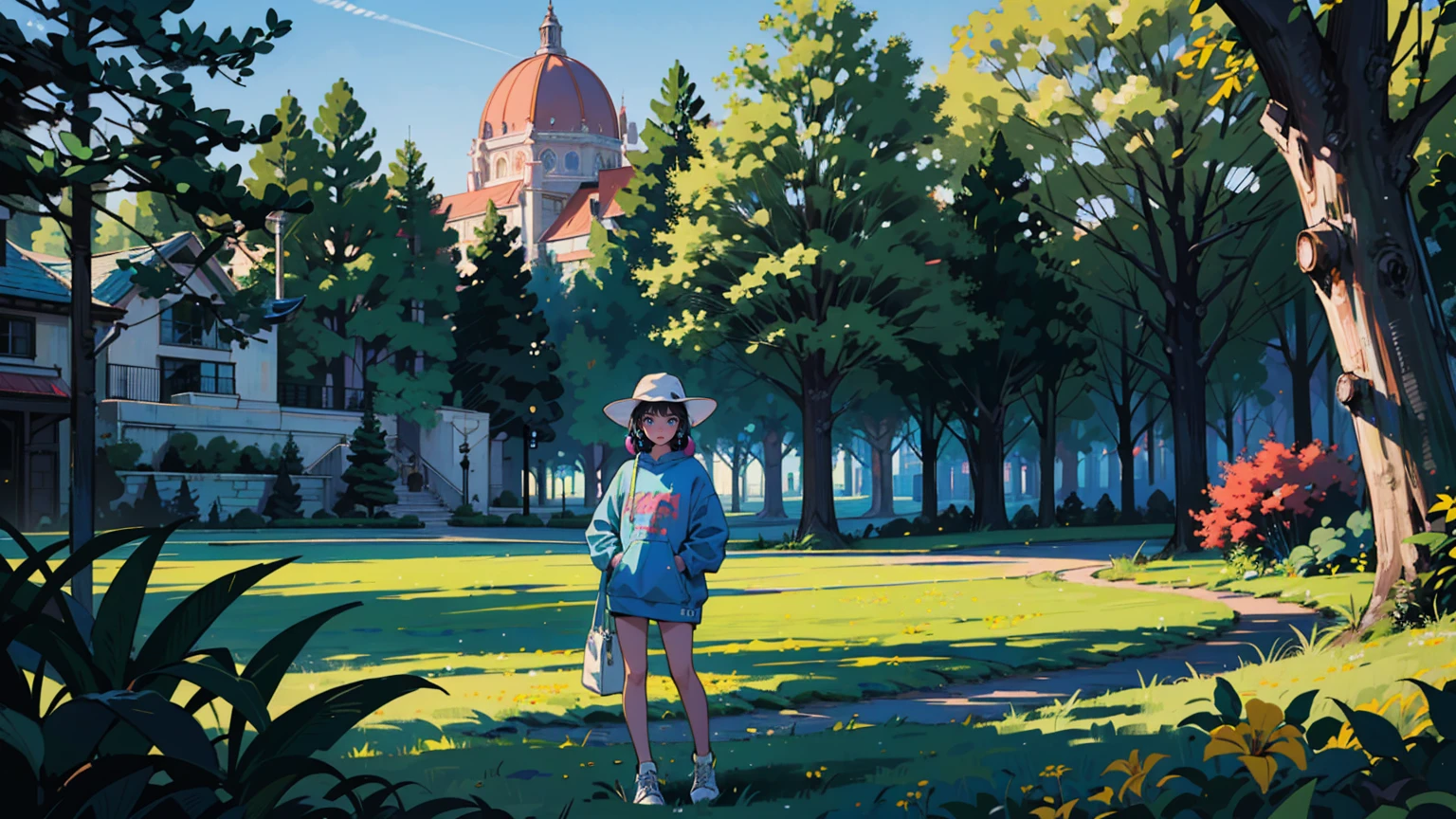 masterpiece,best quality,very detailed,absolute resolution,high resolution,Young Asian woman in a vibrant park landscape. Wearing a white hat, Navy blue sweatshirt with museum text in bright pink. White headphones on neck. casual pose, A slightly smiling and tilting her head. background: Blue lawn contrasting with dark blue man-to-man. Trees in various shades of green. People in colorful clothes are relaxing on the lawn.. Bright sunshine in a clear blue sky. Yellow flowers scattered across the foreground. White 'Chill Playlist' text overlay in the top left corner. White audio waveform at the bottom. high contrast, A scene full of vivid colors. casual, Feeling comfortable. high quality, Vivid photos with a colorful palette