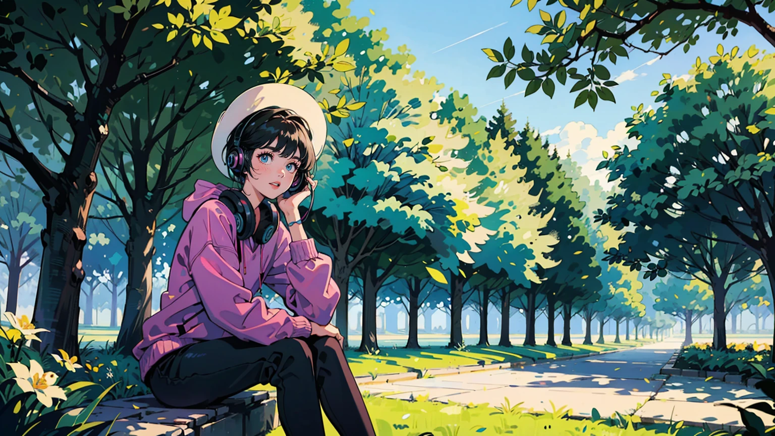 masterpiece,best quality,very detailed,absolute resolution,high resolution,Young Asian woman in a vibrant park landscape. Wearing a white hat, Navy blue sweatshirt with museum text in bright pink. White headphones on neck. casual pose, A slightly smiling and tilting her head. background: Blue lawn contrasting with dark blue man-to-man. Trees in various shades of green. People in colorful clothes are relaxing on the lawn.. Bright sunshine in a clear blue sky. Yellow flowers scattered across the foreground. White 'Chill Playlist' text overlay in the top left corner. White audio waveform at the bottom. high contrast, A scene full of vivid colors. casual, Feeling comfortable. high quality, Vivid photos with a colorful palette
