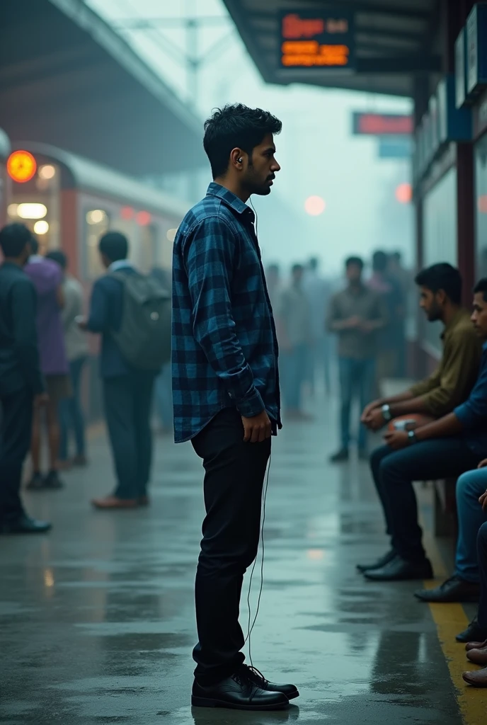 A man standing in Bangladeshi train , imaging his girlfriend's memories, looking happy, at amnura bypass , wearing nevy blue check shirt and black pant , wearing black shoes , wearing earphones in ears ,