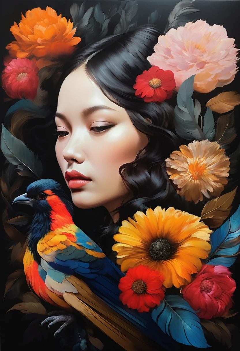 (Sensual illustration chiaroscuro), Illustration art, By Irina Kapi. Surrealism, Vintage Abstraction,  (黒い翼を持つ少女が空を飛んでいるPainting:1.2), Woman with black feathers, Big feather、Colorful flower garden background、Highest quality, masterpiece, Ultra high definition、Painting, Concept Art, Emotional, Atmospheric, Romantic aesthetics, Represents transformation and the ability to see beyond the surface、Ultra high definition、(deep, Delicate colors) paint (draw) 、最高masterpiece、Highest quality、