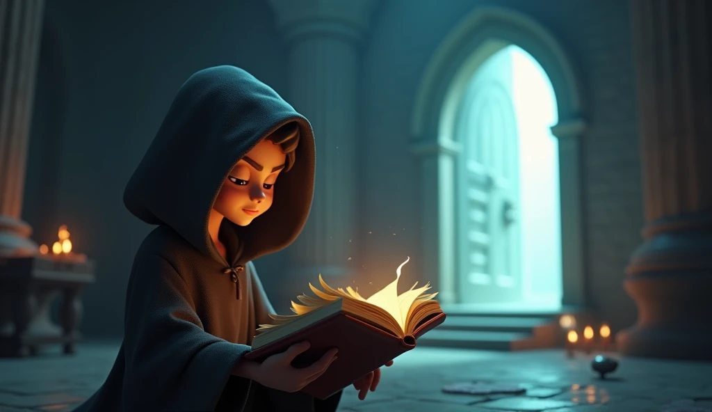 In 3D animation style:**Chanting the spell**: Mohan carefully reading an ancient spell from the book, with mystical light emanating from the door.