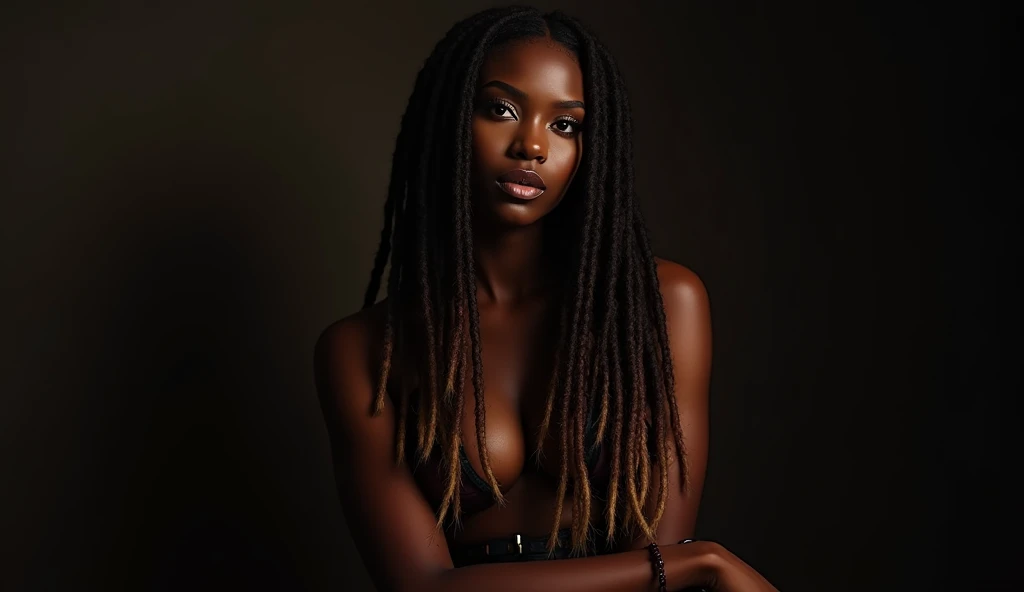 A stunningly beautiful dark skinned complexion African American woman with long brown dreadlocks with highlights on the ends isitting alone in the dark looking sexy & sensual, realistic, photorealistic