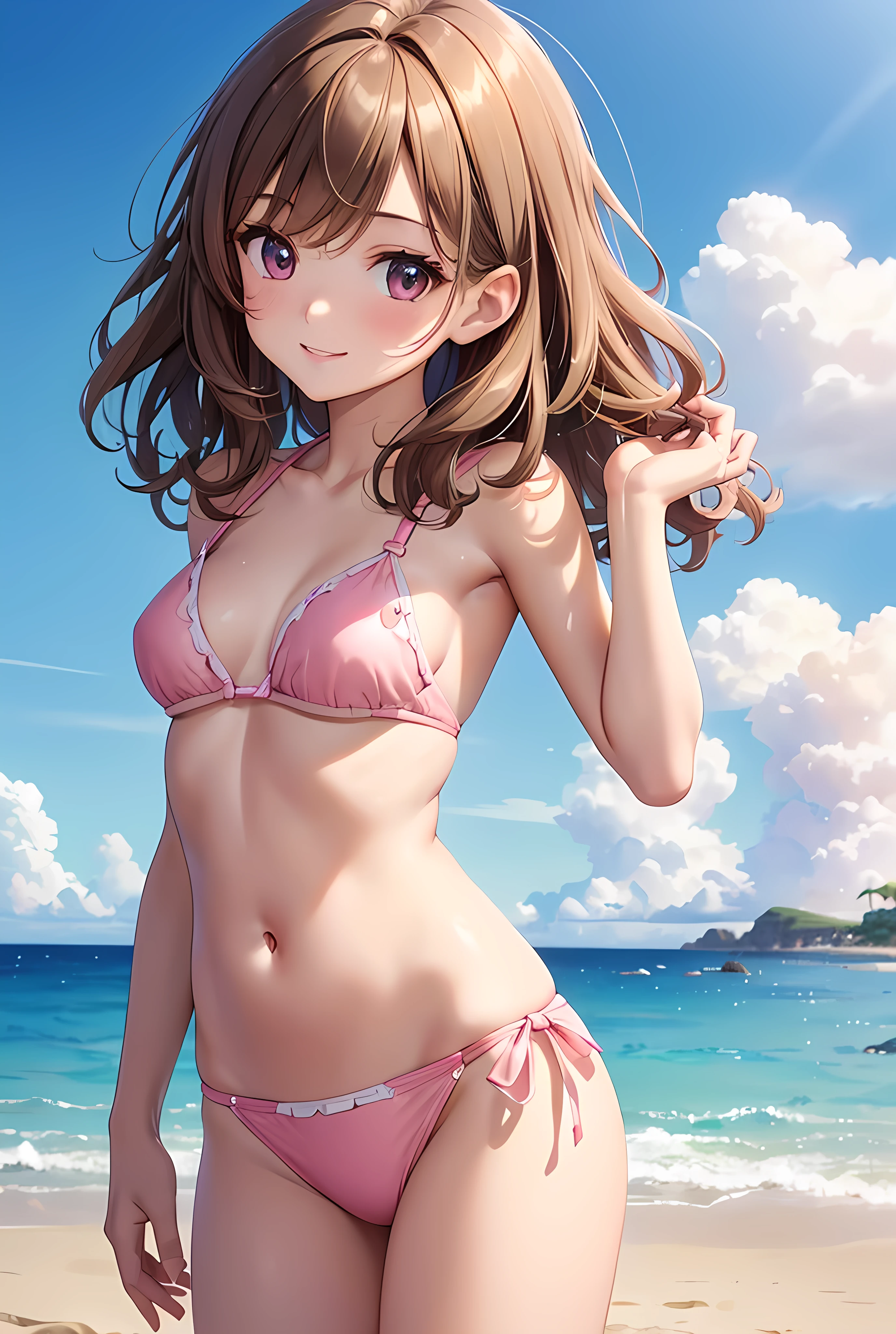 cute girl , ((baby face)),(light smile), brown eyes, wavy hair ,ash light brown hair, (((medium hair))),eyelashes, on the beach, slim, ((Best quality, extremely detailed CG, 8k, beautiful detailed eyes)), (highly detailed background), pink bikini,at noon,pale skin, (cowboy shot), leaning forward