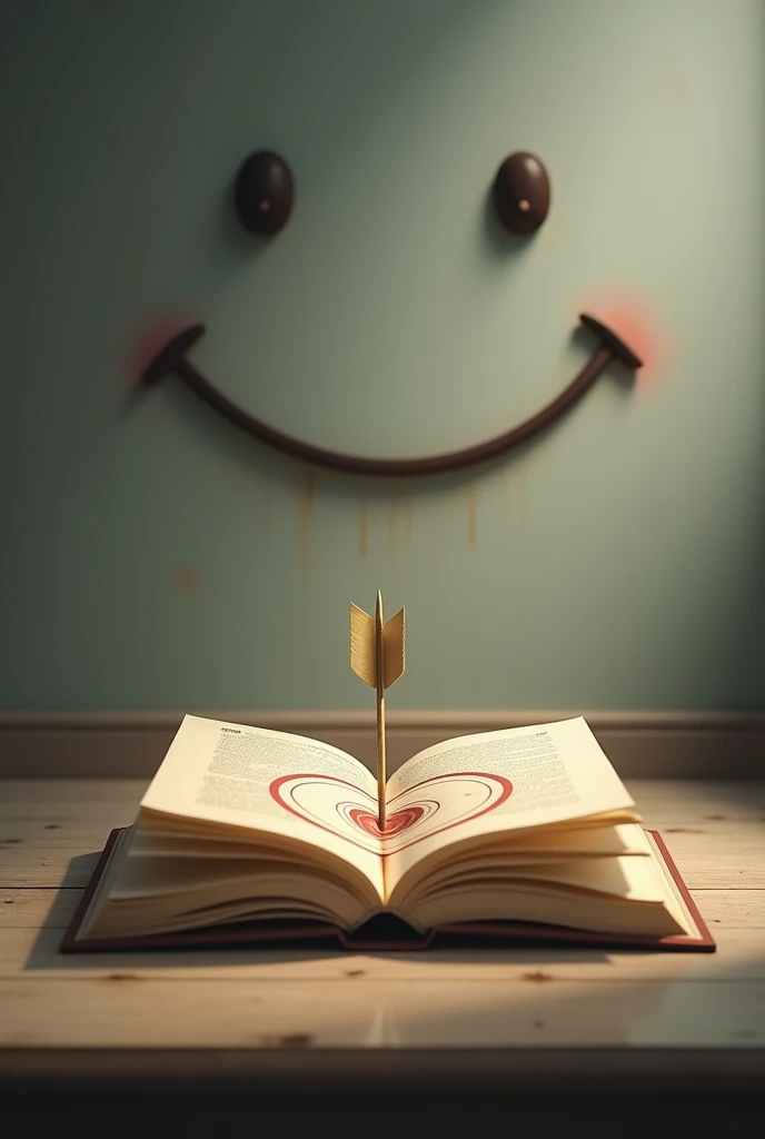 In the quiet room, a book becomes the center of attention. An arrow piercing a target on the book's page symbolizes the achievement of a meaningful goal. The sweet smile on the wall seems to give its blessing to this achievement, creating an atmosphere of hope and fulfillment.