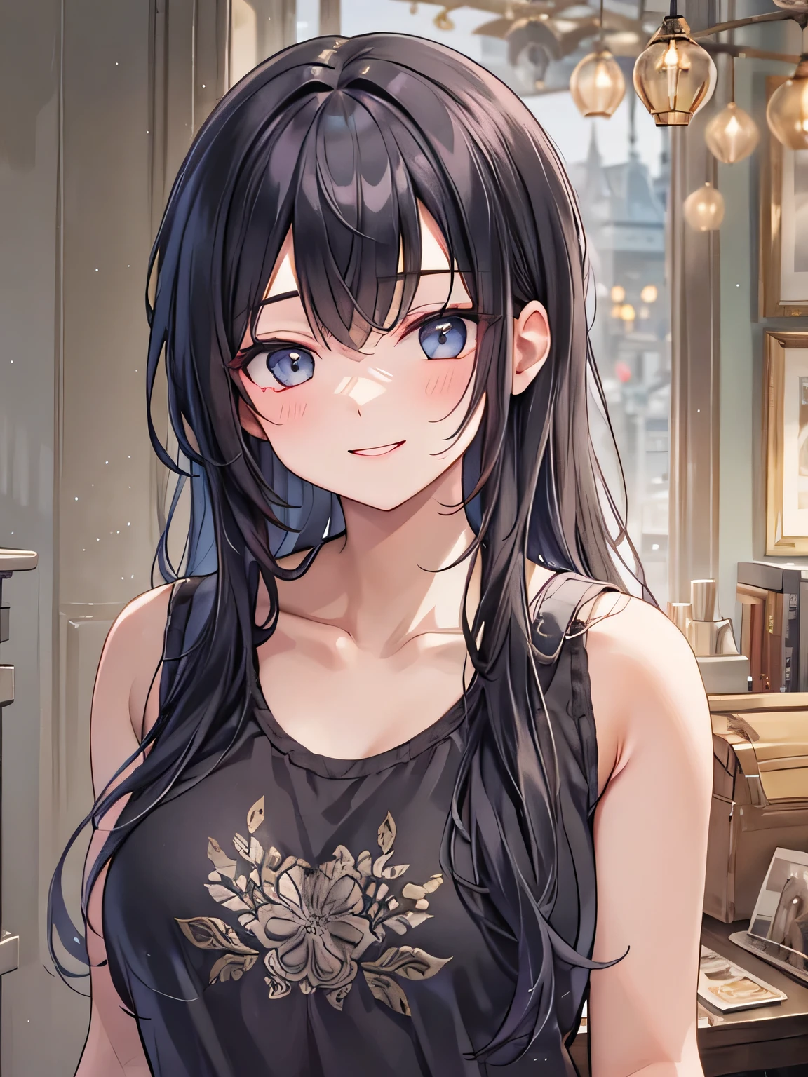 Black Hair、woman、Long Straight、Tank top、smile、Upper Body