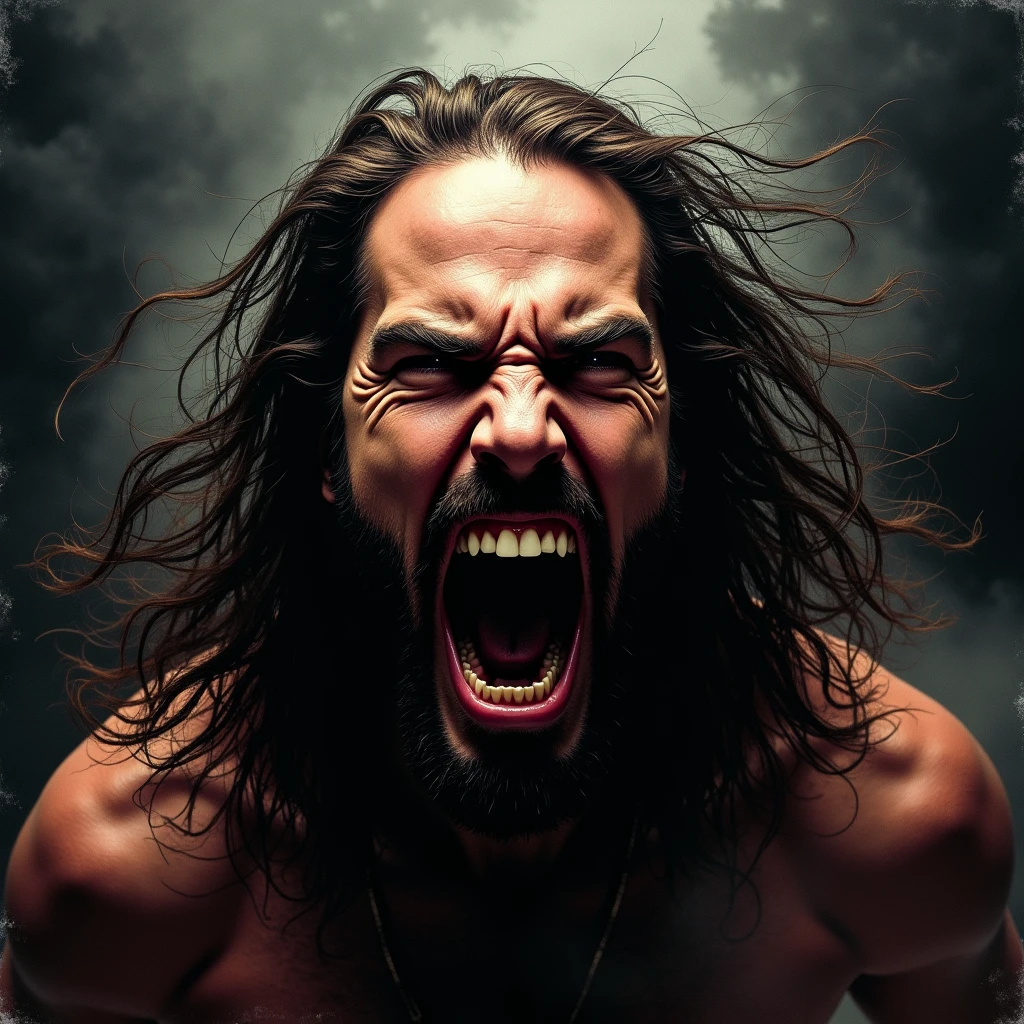 a cover for a heavy metal sampler it´s called "ROCK OR DIE". a face of a screaming longhaired rocker.