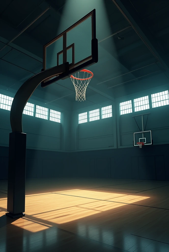 The school's large, dimly lit gymnasium with a basket。Camera is looking at a basketball goal。In the style of Makoto Shinkai。