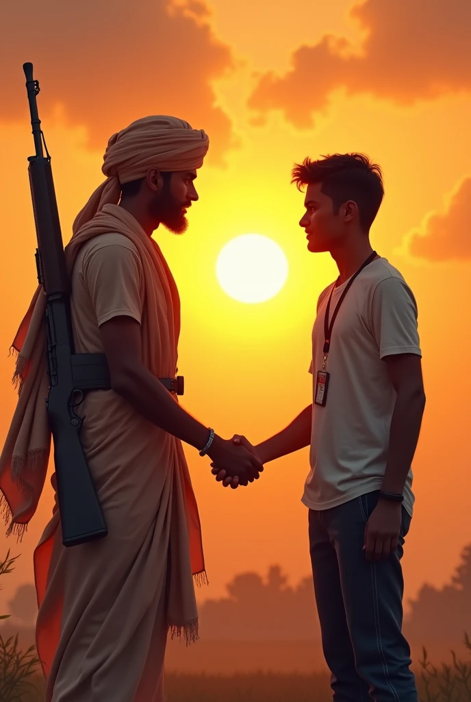 A freedom fighter wearing a lungi and a white tshirt with a rifle on his back shaking hand with a student of same height with a id card on his neck and a full sun is raising behind them