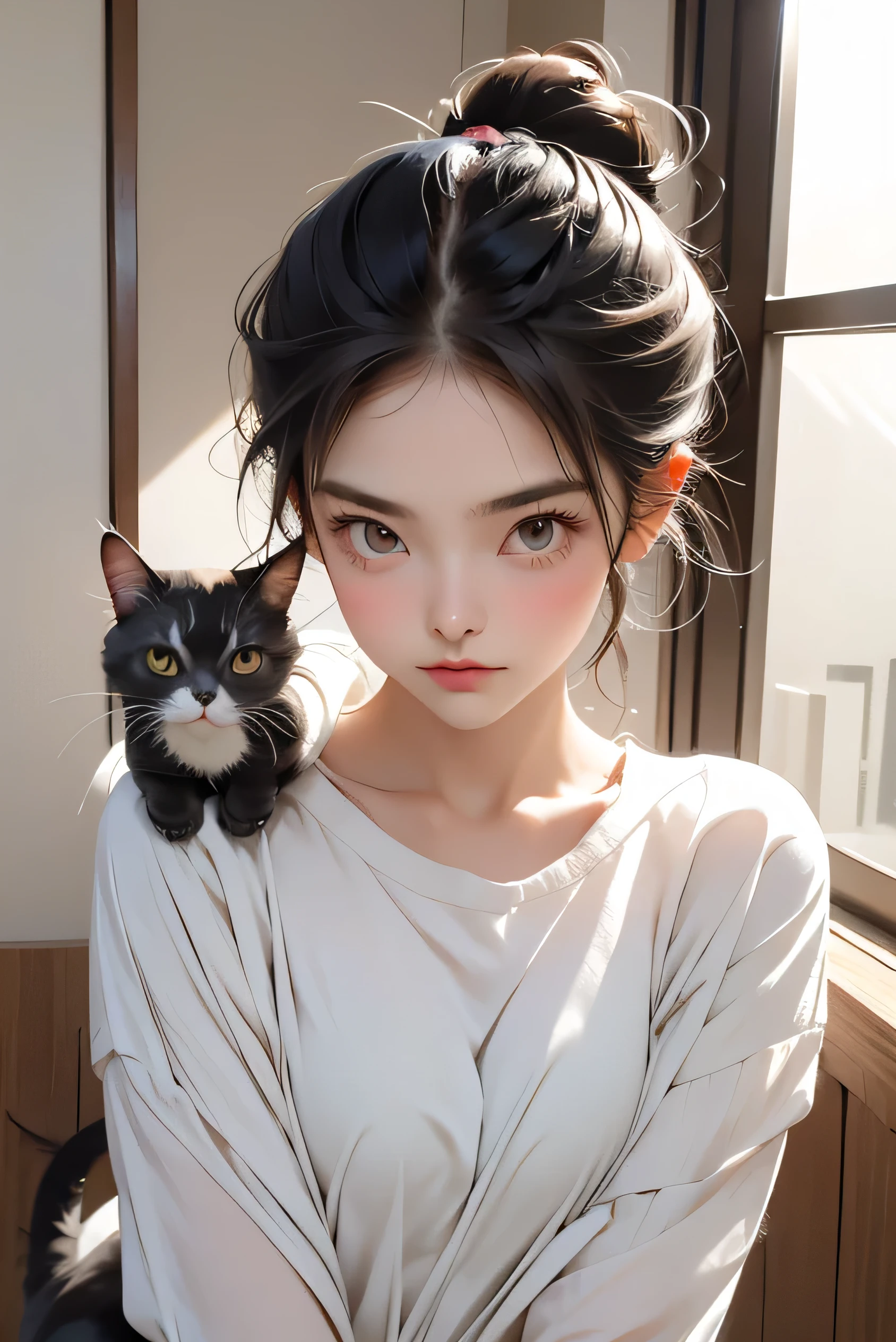 Highest quality、Black catを抱く、cute、Bun hair with brown hair tied、Black cat、Natural look、Long Shot、Natural light