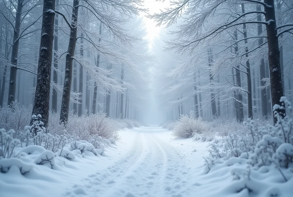 In winter, hail reflects snowflakes in the forest, snow covering the forest, a silvery white world, a snowy landscape,