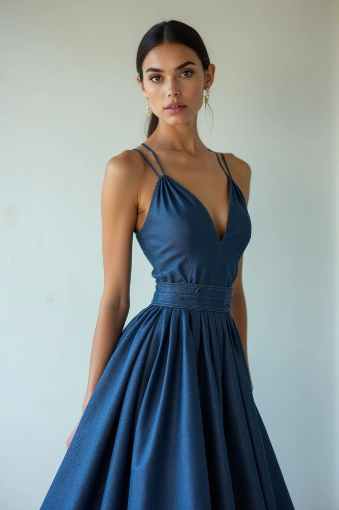 European female model wearing luxurious elegant denim dress with defined and designed waist and pleated skirt. 