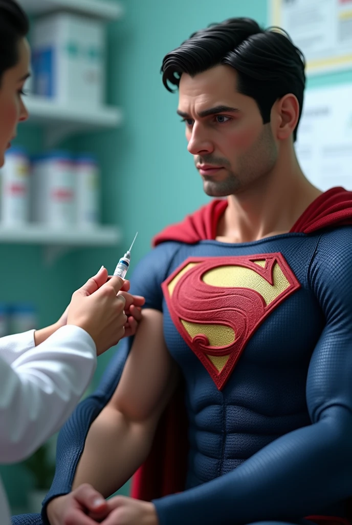 Superman sits down to get a vaccine injection in his arm at a hospital.