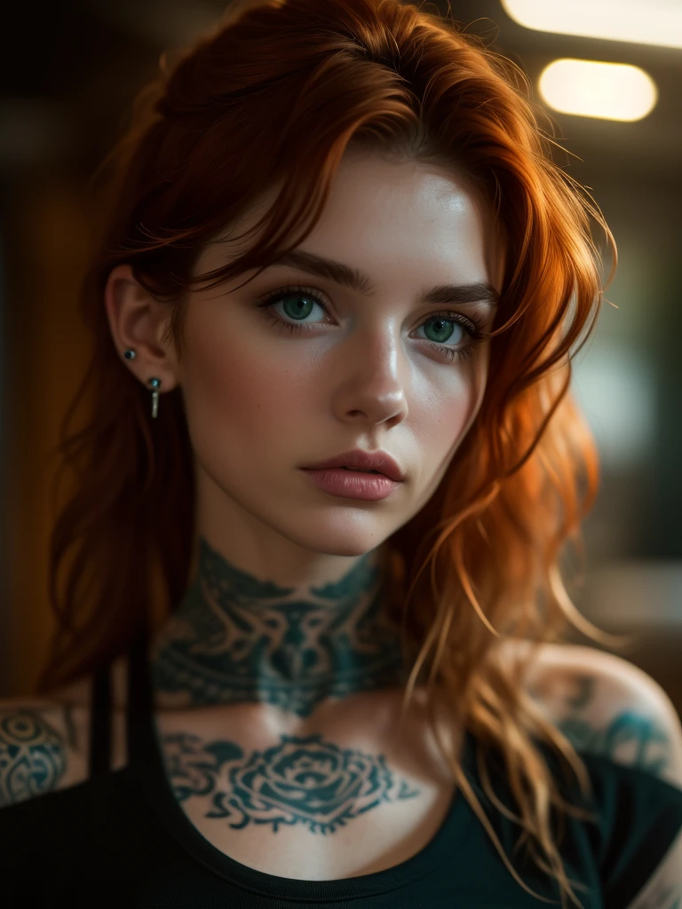 muito detalhado, 16K high resolution, incredibly detailed image, filmic, best quality, ​masterpiece, realisti, detailed face, detail-ful background, dramatic lighing, Girl, 25 years, alone, beautiful natural ginger red hair, Fell, straggly and messy wavy hair. Extremely detailed facial expressions with sharp and piercing green eyes. A delicate, slightly cheeky face, discreetly made up. ((She is tattooed and pierced, big tubes in the ears.)), She has (Very small breasts) and a slim figure, in good shape. She works in her own tattoo studio. she is wearing a tank top and a miniskirt.