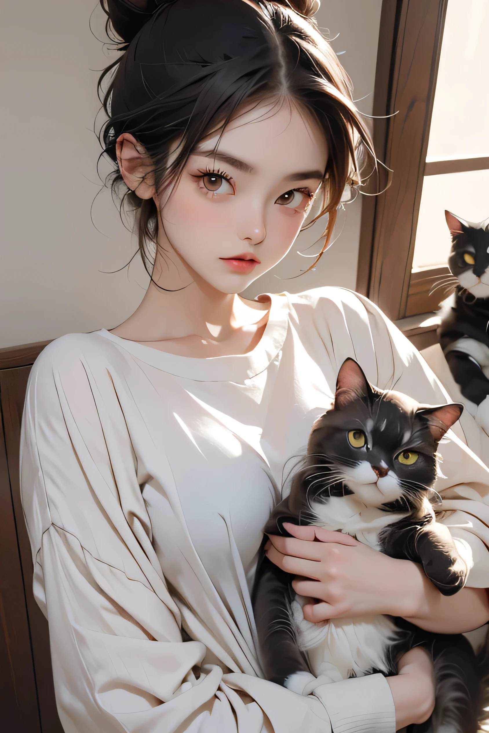 Highest quality、Black catを抱く、cute、Bun hair with brown hair tied、Black cat、Natural look、Long Shot、Natural light