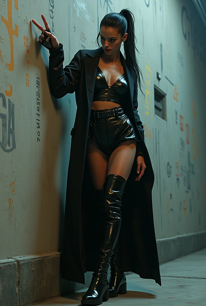pose against the wall checking The self the blade arm, While with the other finger he points to the camera, Woman With futuristic cyberpunk clothing and overcoats hyper realístic, details, Club Plates writings, Leaning