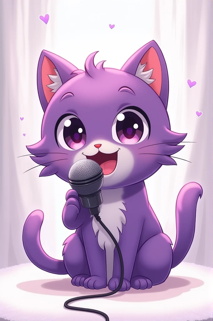 Make cute purple singing cat cartoon with mic (make it like anime)