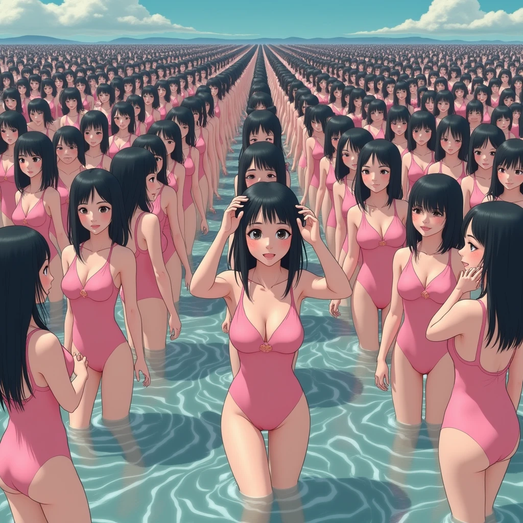 (((((Japanese Clone-girls=Myself))))), (((Super Best masterpiece Clone-girls Raw Photography Art))), (((16K, Highest quality, Ultra-high resolution, RAW Photos))), (((It's so unrealistic., With unparalleled depiction, With an unfathomable sight, An unprecedented and shocking worldview, Clone-girls: In a world of mass reproduction, Ultra-realistic))), (((Japanese Girls, Sasaki Nozomi, 28yo, Small face, Thick black hair, Medium to long hair, Dark Eyes, Mature face, Cute Smile, Smiling face, A gentle gaze, (((Very happy laughter)))))), (((Very beautiful detailed girls, Accurate body structure, Accurate body movements, Very detailed body, (((Super big breasts, Large bulge of ample breasts)))))), (((Pink swimsuit, Cleavage Emphasis, Emphasise the fullness of your breasts))), ((((((((Very detailed, Myself cloning, Depiction of splitting oneself, 1Myself girl→1,000,000,000,000,000,000,000,000,000,000Myself cloning girls)))))))), (((((((Myself clone-girlsから, Myself keeps multiplying, (Very detailed and intricate, To the exact, Flawless, (((In the same female body,With the same face, With the same hairstyle, In the same clothes, At the same height, 同じSuper big breastsである))), In a detailed depiction), 1,000,000,000,000,000,000,000,000,000,000 people))))))), (((((Myself girls only))))), (((((1,000,000,000,000,000,000,000,000,000,000Myself girls))))), (((((Very detailed depiction, Multiple or more Myselves, Physical contact, Pleasant conversation, Holding hands, Hug, walk, Turn around, Shift your gaze))))), (((Very detailed, Extremely crowded, Body-to-body contact with no gaps))), (Bright and soft light), (((((Clear and accurate perspective depiction, super wide view, Ultra-wide field of view, Focus on the average value of the image))))), (とてもIn a detailed depiction, It's all a crowd of myself, Having fun at the water's edge, Soaking wet), Under the crotch, (Depicted as a giant, A scene looking up at the approaching self from a position just above the water surface)