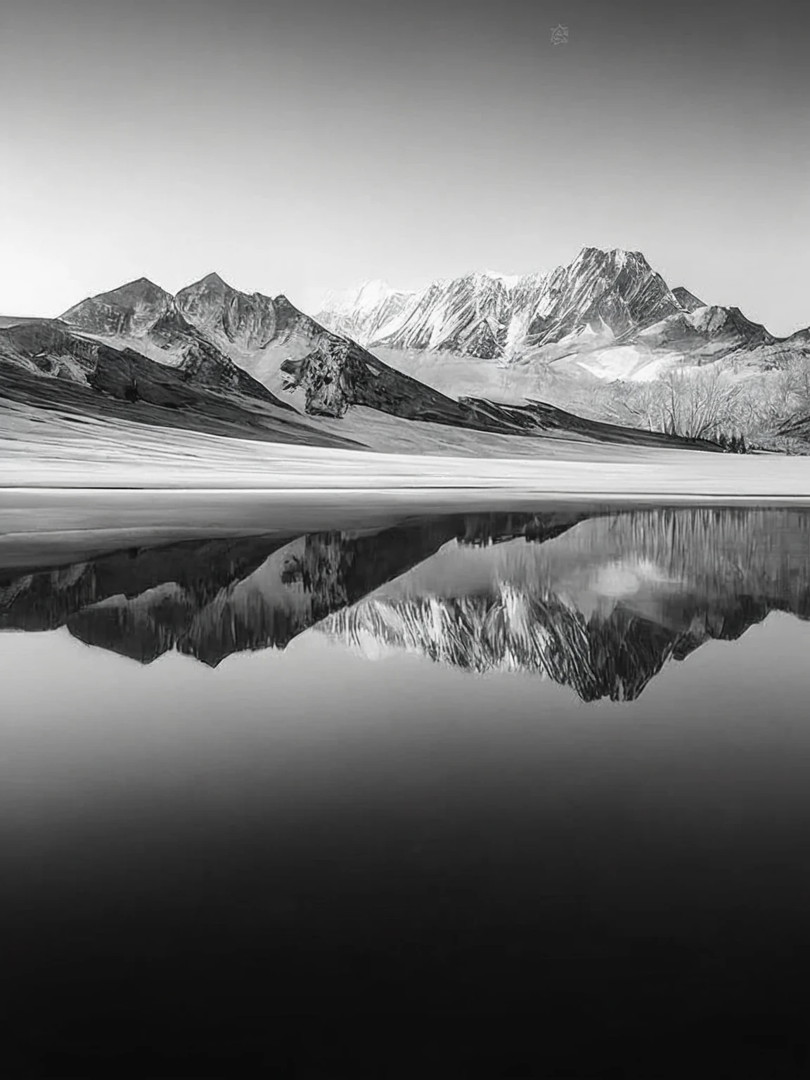 Mountains seen from Araf viewpoint,In the foreground is a lake, Clear reflection, image Full of reflection, 4k grayscale HD photography, sharp Detailed reflections, Detailed reflection, ryan dyar, Glass reflection, author Patrick Ching, author:Raymond Norman, Detailed reflections, Monochrome photos, Full of reflection, author:cedric peyravernay, Mark Adams