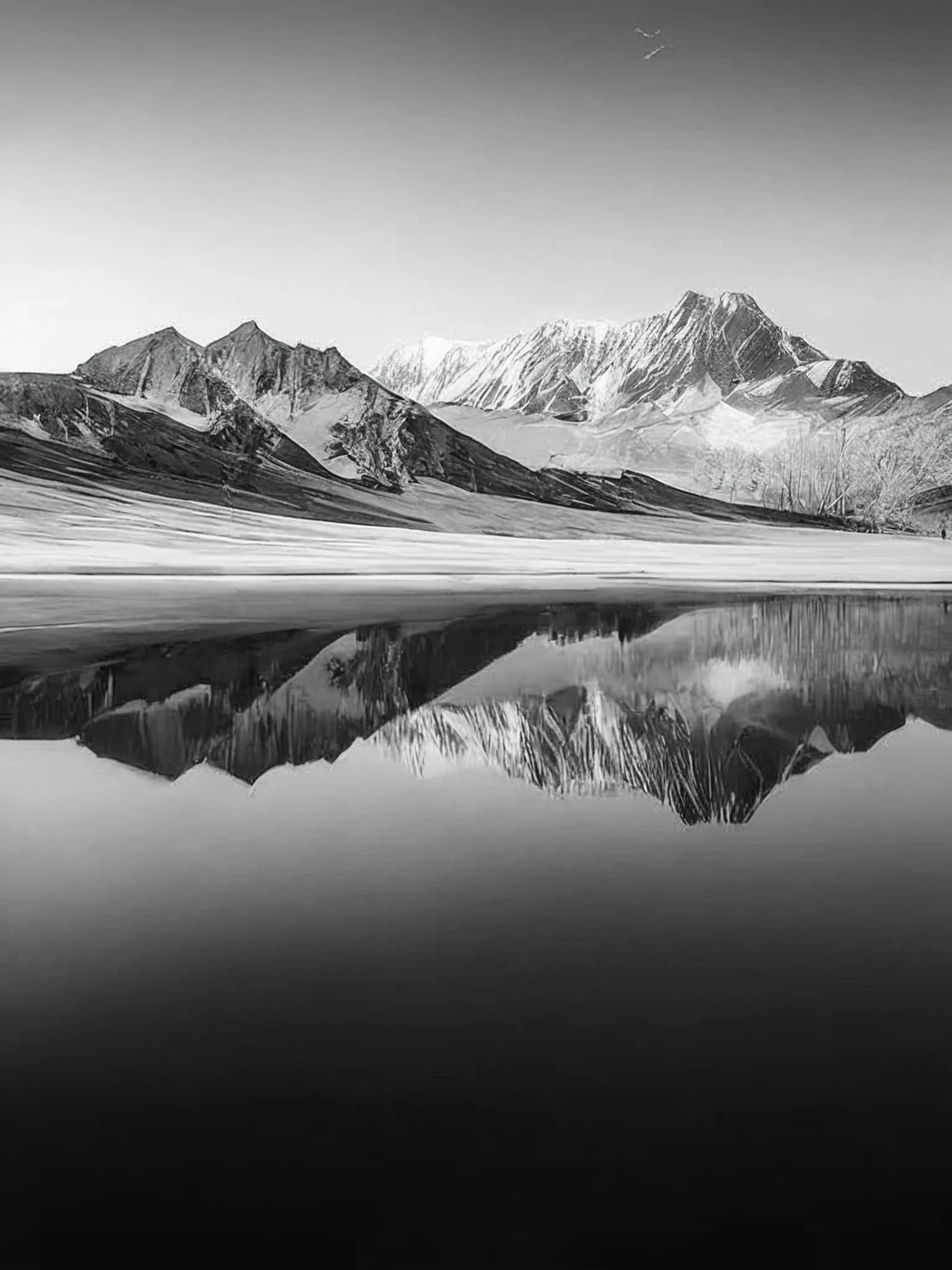 Mountains seen from Araf viewpoint,In the foreground is a lake, Clear reflection, image Full of reflection, 4k grayscale HD photography, sharp Detailed reflections, Detailed reflection, ryan dyar, Glass reflection, author Patrick Ching, author:Raymond Norman, Detailed reflections, Monochrome photos, Full of reflection, author:cedric peyravernay, Mark Adams