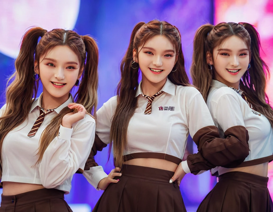 yeji, 4girls, identical clones, dynamic poses, smiling, different hair colors, brown eyes, makeup, different outfits, setting: kpop stage, performance, vibrant colors, bright lighting, photorealistic, accurate face details, realistic, high image quality, 8k, bokeh