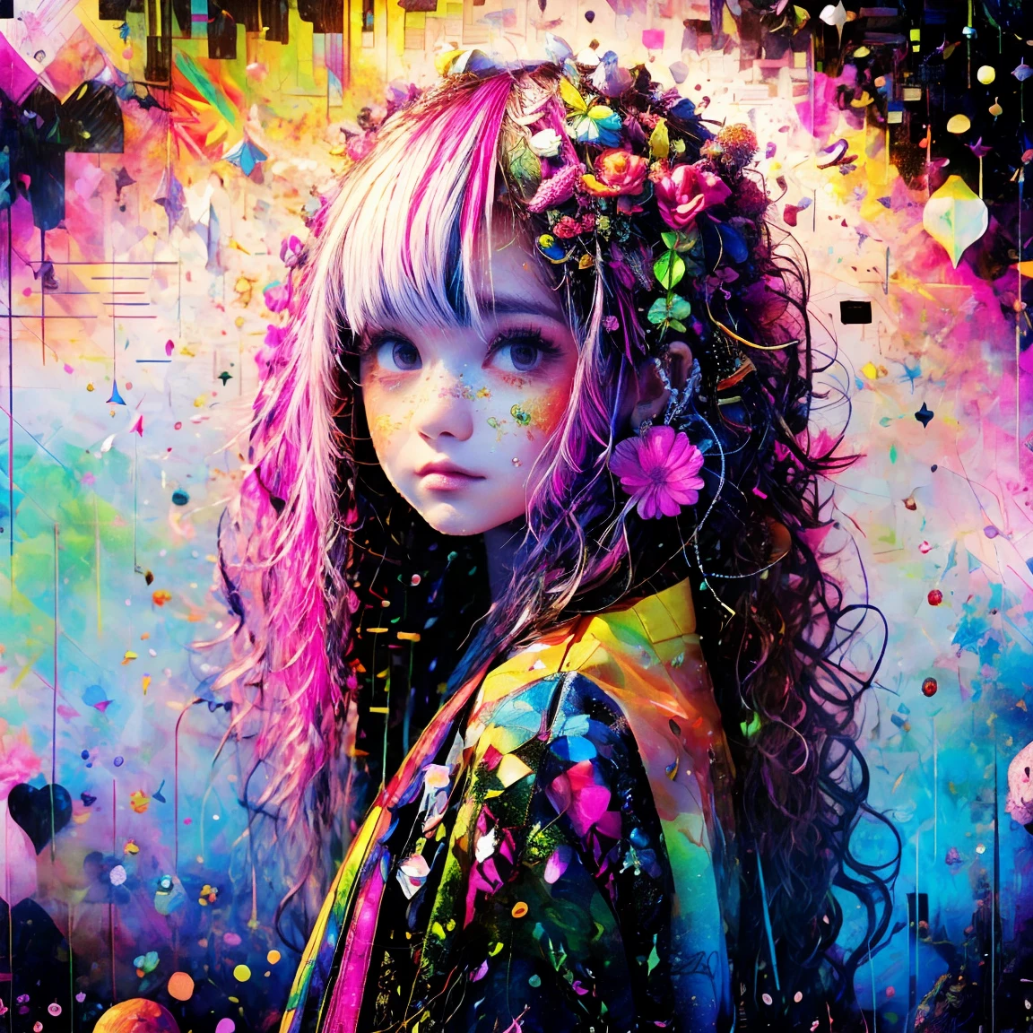 Absurd, High resolution, Super detailed, (Line art:1.5), (One person:1.3), cute, cute,
water color Glitter paint dripping freely,
Long Hair, Curly Hair, Hair loss, Big Hair, Thick Hair, Pink Hair, purple eye, Breathtakingly beautiful:1.3,
Complicated costumes, shirt, skirt,
(Flowers, petal),
(Shiny Hair, Realistic:1), (Smooth Skin, Realistic:1), (eye, bright:1),
psychedelic, fractal, Glitter,