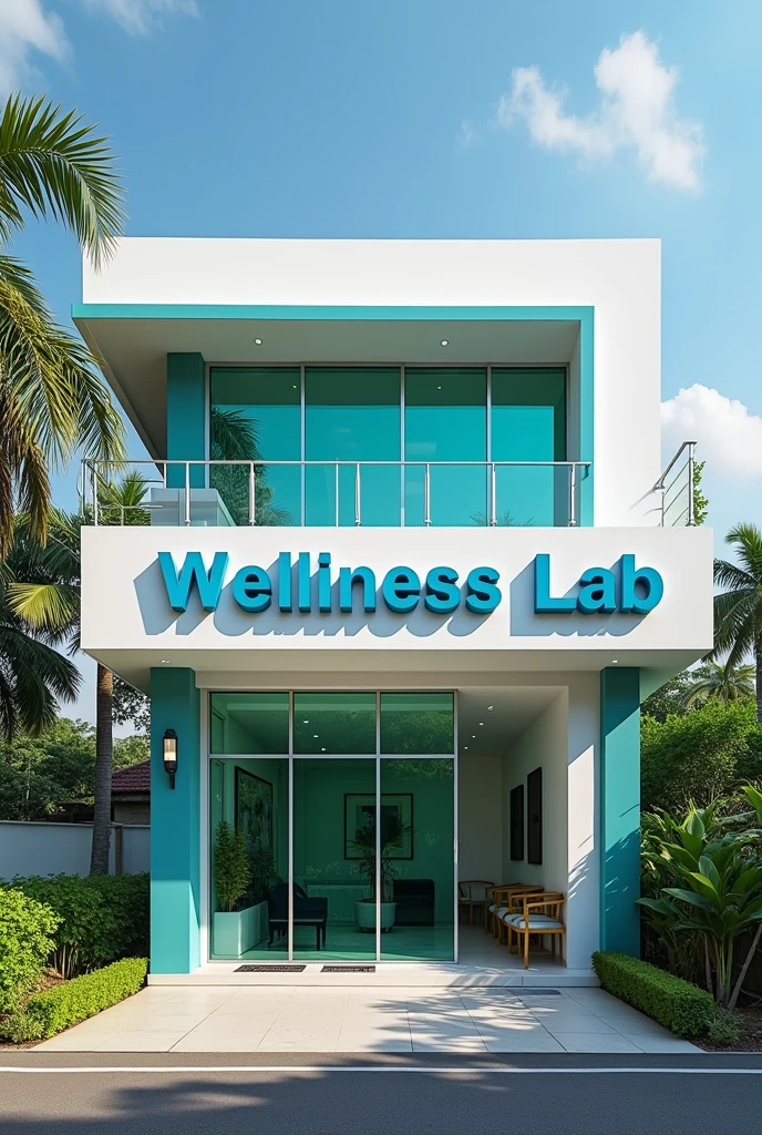  Laboratory front side in kerala, front side name board "WELLNESS (blue colour font for wellness ) LAB (light green color font for lab ) headline", under the head line "thamarakulam, pavumba, sooranad "