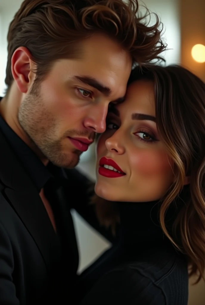 Create an image of Robert Pattinson kissing a girl with a youthful face with dark brown hair that has blonde highlights, cut below shoulder height. Her skin is light brown, but with a healthy tone. Her eyes are a warm, very dark brown and her lips are painted a vibrant red.. Her cheeks have a slight blush, which gives it a fresh and cheerful air. She is wearing a black turtleneck sweater that highlights her figure and, smile slightly, radiates a dark and sexy feminine energy