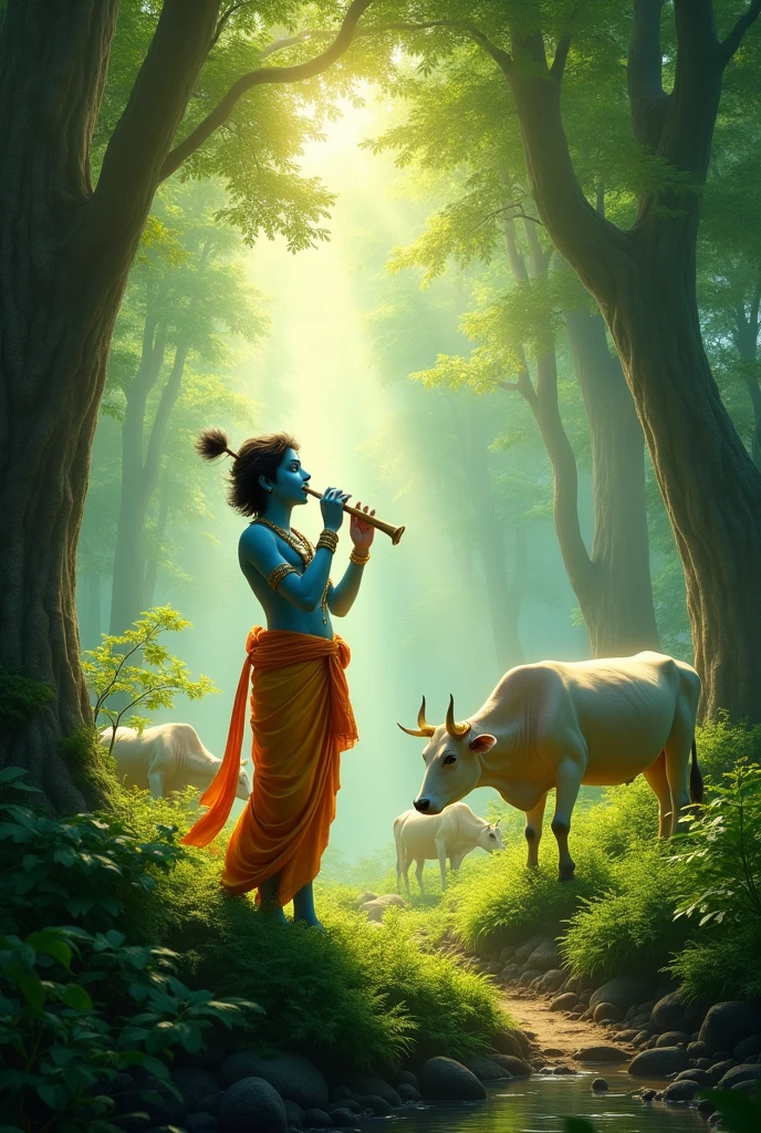 Experience the divine melody of Lord Krishna's flute as he plays amidst the lush green jungle, with gentle cows grazing by his side.