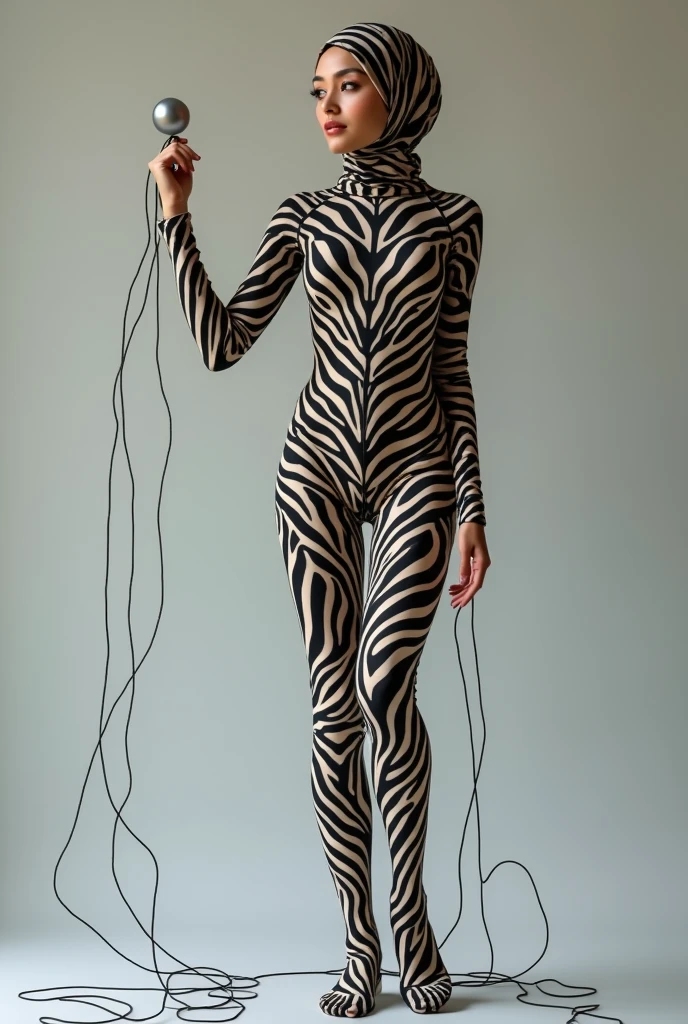 The most beautiful,thin,most pretty and clever malaysian muslimah adult girl wears mountain zebra print lycra turtleneck unitard catsuit covered with stripes.She always wear mountain zebra print lycra dancewear stretchy chiffon hijab covered with stripes.She acts to play a ball of string.