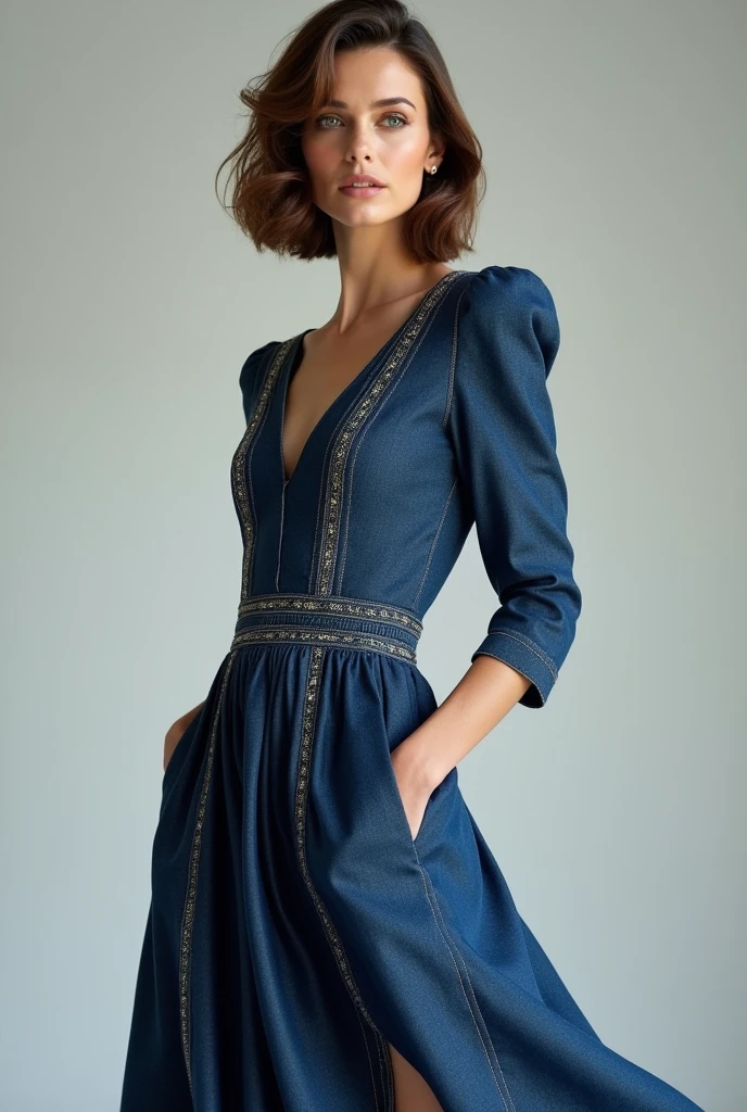 European female model wearing luxurious short denim dress with defined and designed waist and pleated skirt. 