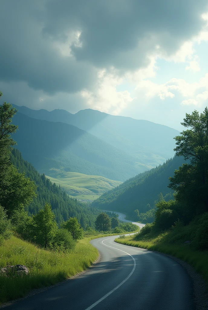 Realistic road
Realistic sky
atmosphere realistic
Real low height mountain
Make picture realistic
Tree more better
Make more green feature
Add small fog