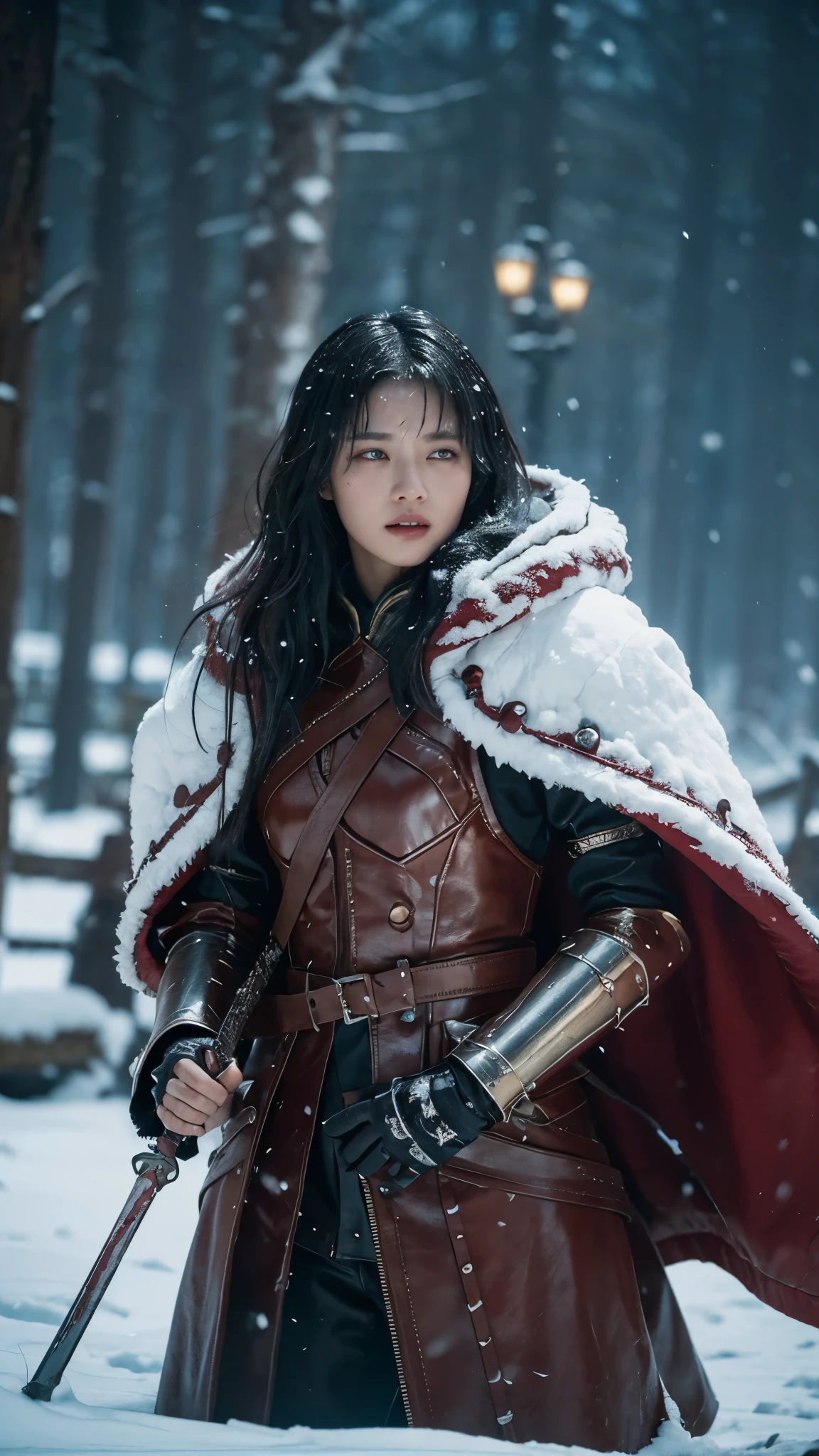 cinematic still stunning warrior stands tall amidst the chaos of a snow-shrouded battlefield, fur-lined cloak and distressed leather armor covering from the neck down, battered and bloodied, muscles rippling beneath her skin, ruthless efficiency, snow swirling around her in a maelstrom, the clash of warrior echoing through the howling wind, (style of Wlop, Tyler Edlin, Jesper Ejsing), z3ndaya. emotional, harmonious, vignette, highly detailed, high budget, bokeh, cinemascope, moody, epic, gorgeous, film grain, grainy, dark and unsettling dream showing . best quality, high resolution. created by genius but depressed mad artist. grim beauty