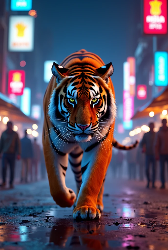 Indian Bengal tiger in mumbai City at night and people walking around ,team and orange color neon lights