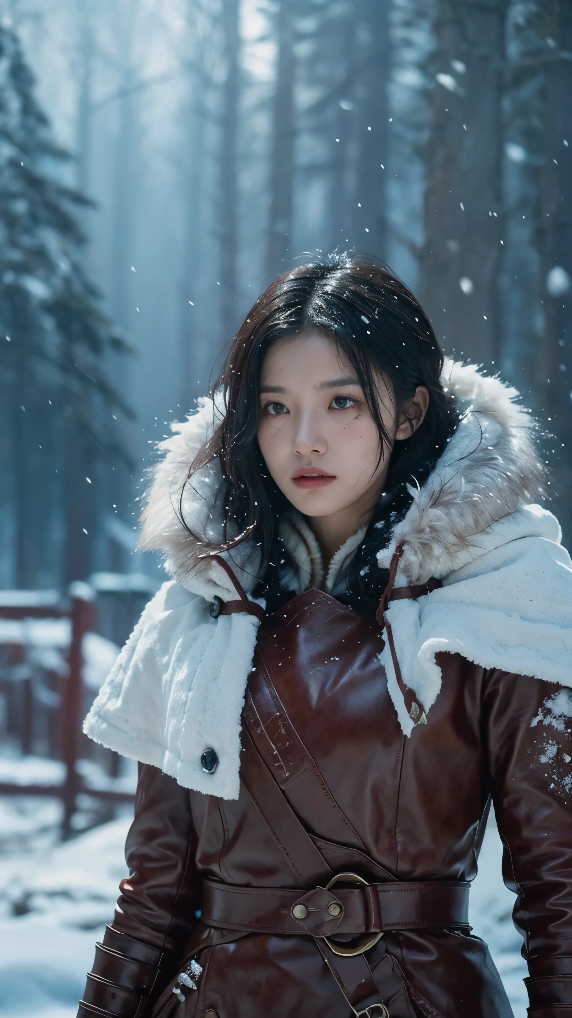 cinematic still stunning warrior stands tall amidst the chaos of a snow-shrouded battlefield, fur-lined cloak and distressed leather armor covering from the neck down, battered and bloodied, muscles rippling beneath her skin, ruthless efficiency, snow swirling around her in a maelstrom, the clash of warrior echoing through the howling wind, (style of Wlop, Tyler Edlin, Jesper Ejsing), z3ndaya. emotional, harmonious, vignette, highly detailed, high budget, bokeh, cinemascope, moody, epic, gorgeous, film grain, grainy, dark and unsettling dream showing . best quality, high resolution. created by genius but depressed mad artist. grim beauty