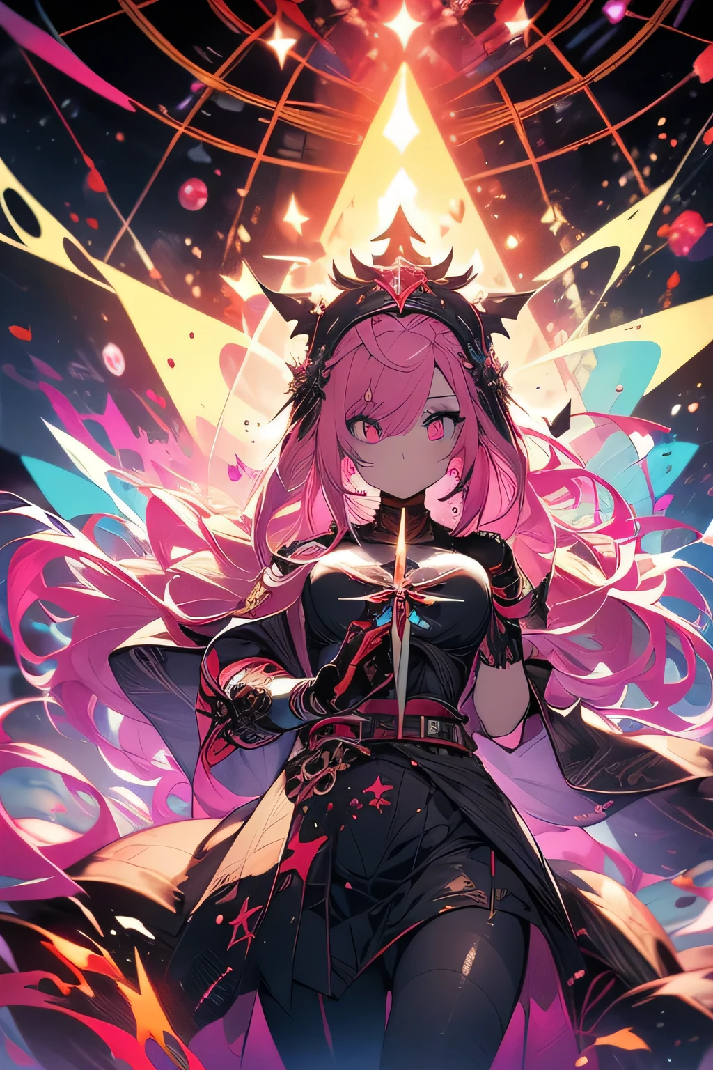 (masterpiece), best quality, 1 girl, bright pink hair, multi-colored hair, Red Star eyes, holding a mask, space theme, Dark particles, wallpaper, Clerical Black Cope Vestment Chasuble, Warped Evilness expressions , Cosmic horror , Anime , HD , Demon Lord