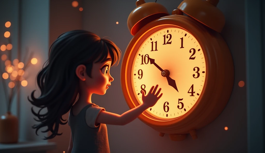 Generate a high quality, realistic seen in cinematic 3d
cartoon style * As Neha touches the clock, its hands start spinning rapidly. The glowing intensifies, and the clock makes a strange ticking sound. The air around the clock starts to shimmer.