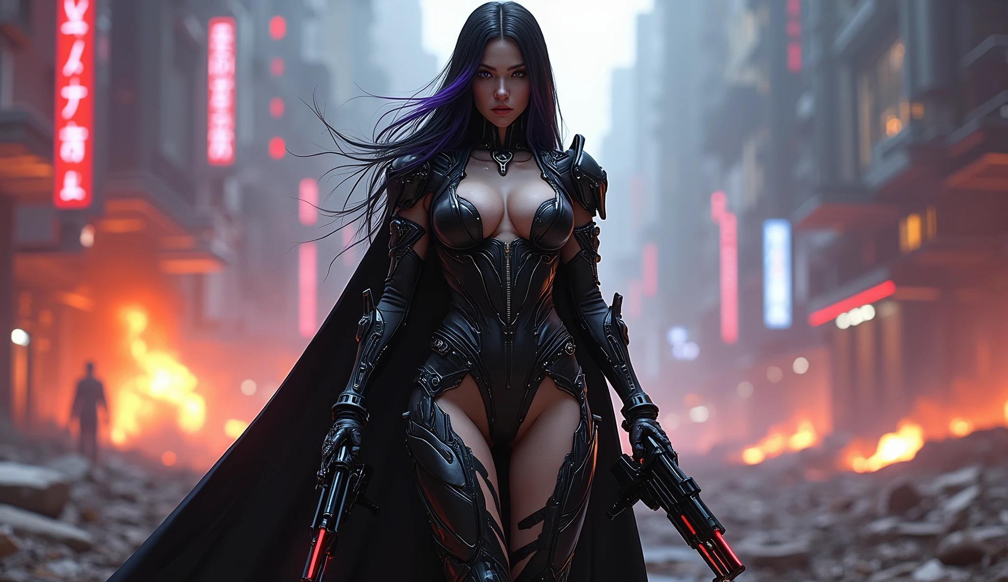 full body pose wearing a mechanical suit, massive bimbo silicone breast, Mechanical wonder, Cyberpunk, Cybernetic Guardian, futuristic sexy black armor, big black and neon red shoulder armor, full body, front pose, symmetry, intricate (steel metal [rust]), joints, warframe style, cyborg, fit muscular female body and armor, Beautiful body, Massive silicone breast, pale skin, seductive, temptation, eat your soul, clevage, long flowing black hair with purple highlights, heavy gothic makeup, at night, neon, holding a futuristic black and red laser rifle, sith queen, warrior queen, black latex cloak, stiletto heels, full body pose, wartorn ruins in the background, explosions and fire, high heels