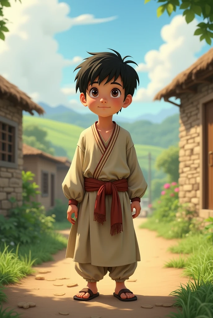 A young boy named Ali, with short black hair, wearing a simple traditional outfit, standing in a peaceful village, with a hint of green fields in the background..