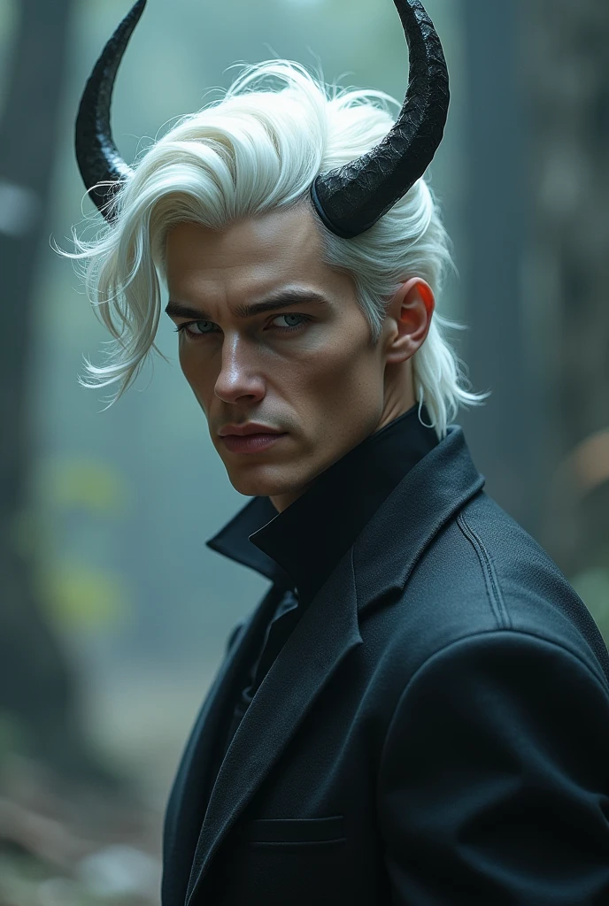 Handsome guy with white hair,There are horns on the head