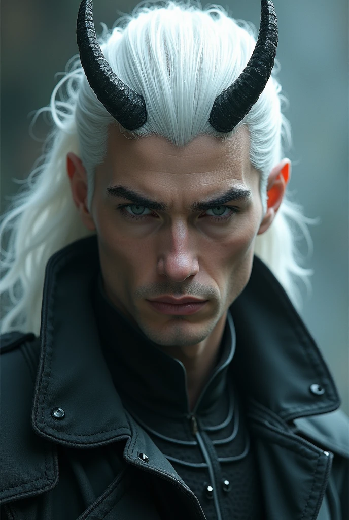 Handsome guy with white hair，There are horns on the head
