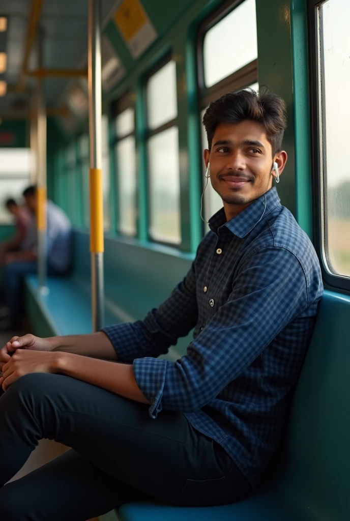 A man sitting into Bangladeshi train , imaging his girlfriend's memories, looking happy, at amnura bypass , wearing nevy blue check shirt and black pant , wearing black shoes , wearing earphones in ears ,